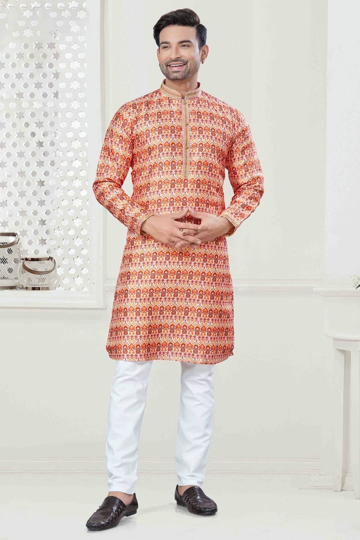 Orange Digital Print Silk Kurta Pajama NCKP11110563