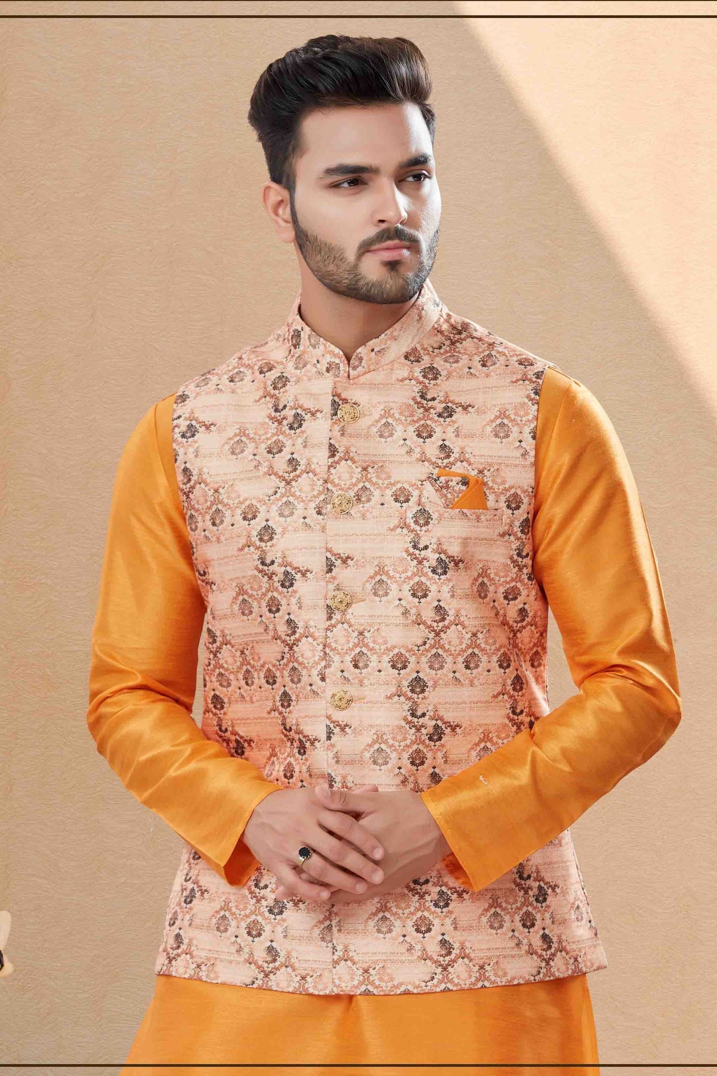 Orange and Multi Kurta PajamaWith Jacket In Silk Dupion NCKP10410736