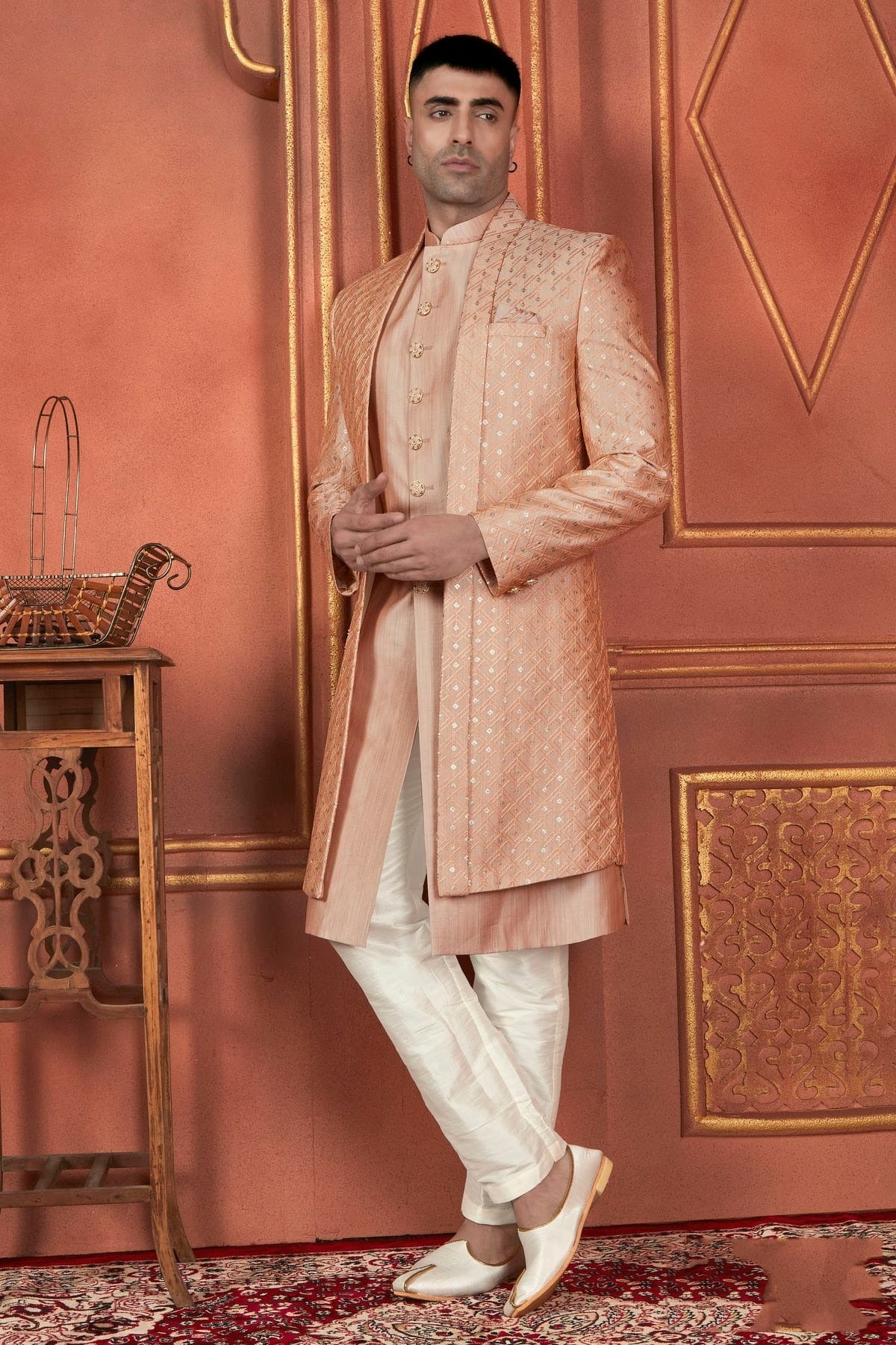 Peach Art Silk Indowestern Sherwan With Aligadhi Pant NCSH12310286