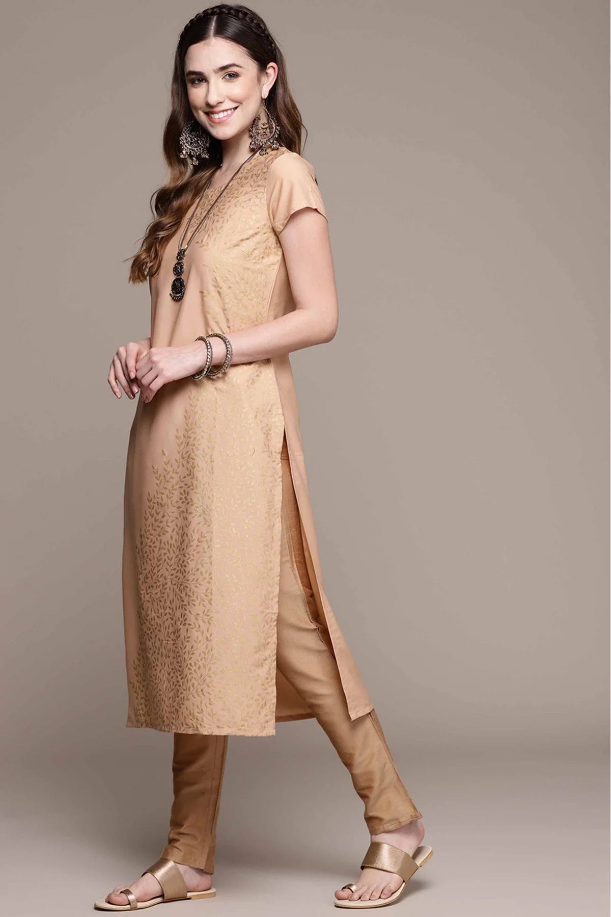 Peach Crepe Foil Print Kurti NCKR10610195