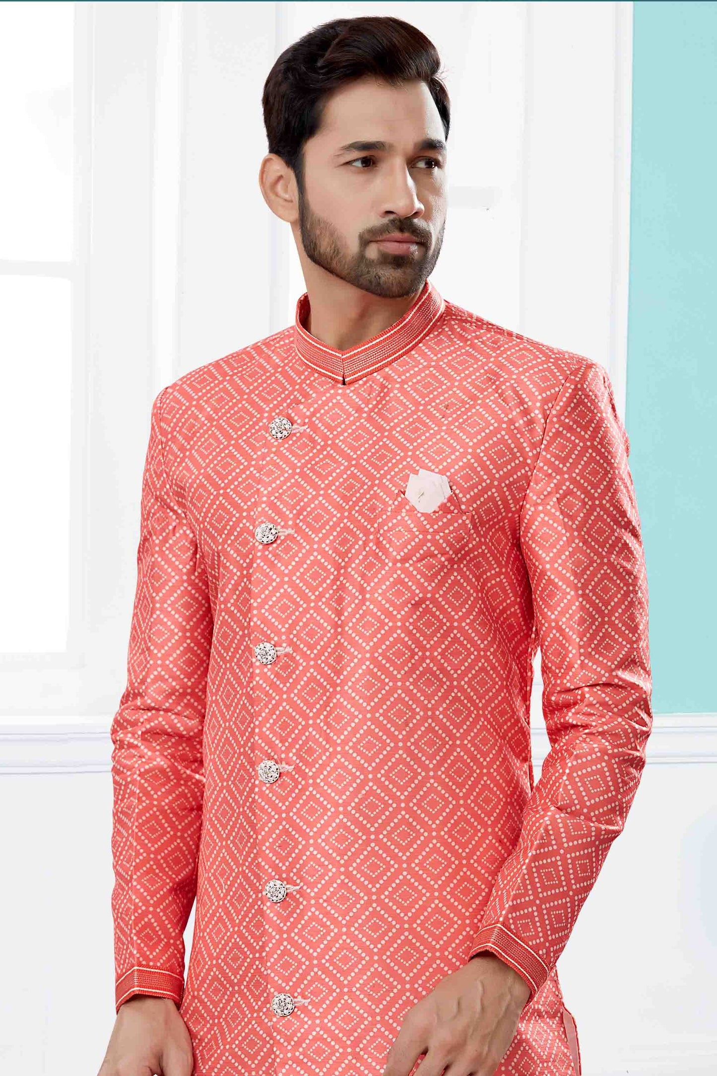 Peach Indo Western In Jacquard NCSH10410540