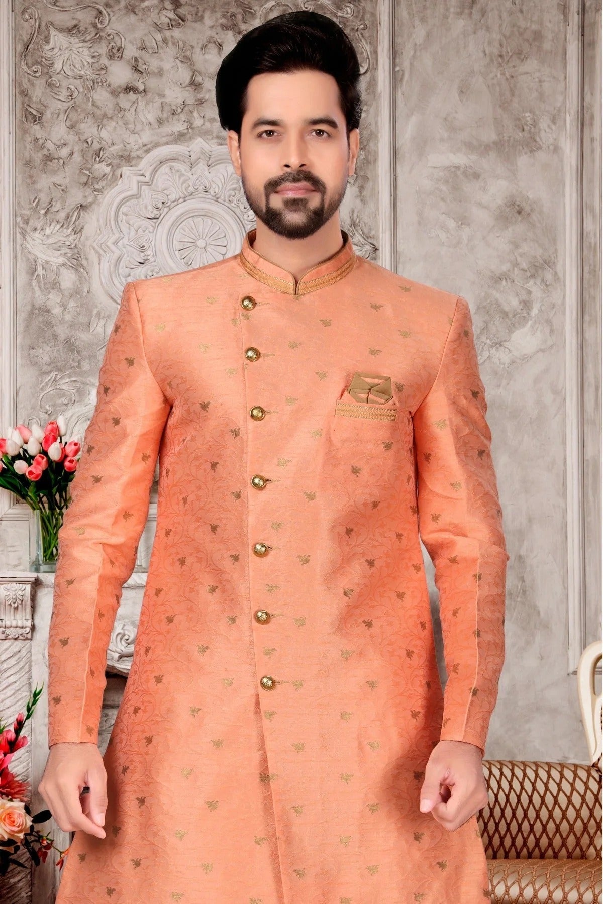 Peach Jacquard Dhoti Sherwani NCSH10410385