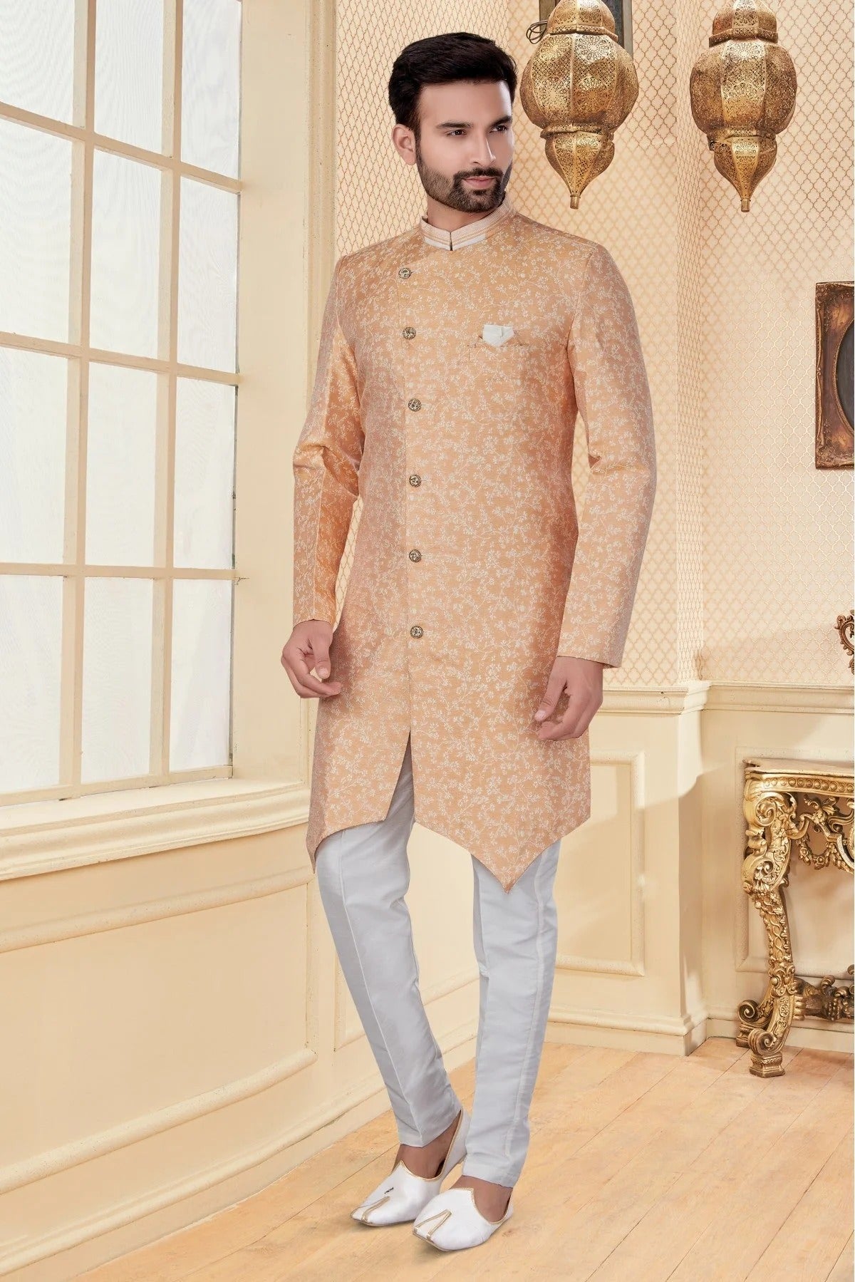 Peach Jacquard Sherwani NCSH10410358