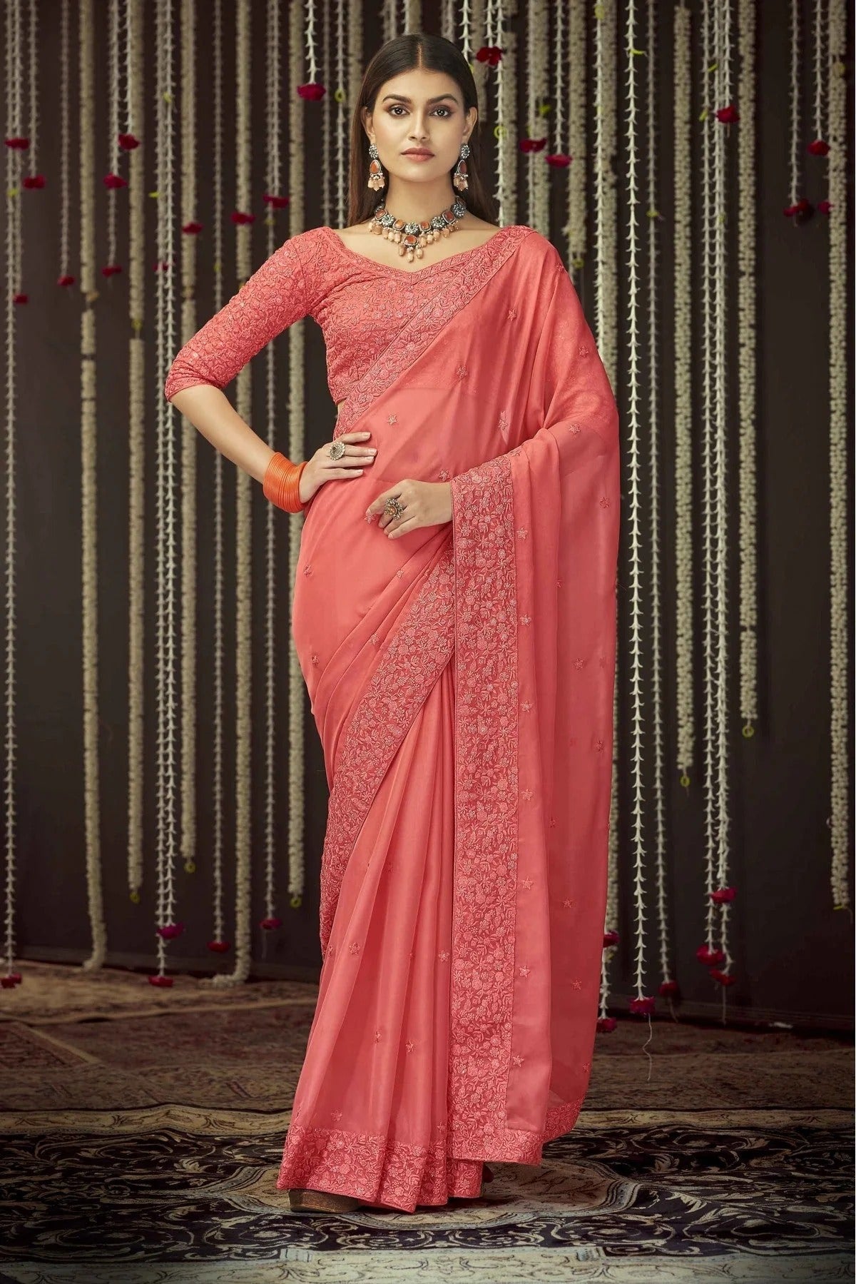 Peach Organza Thread Saree NCSD10810617
