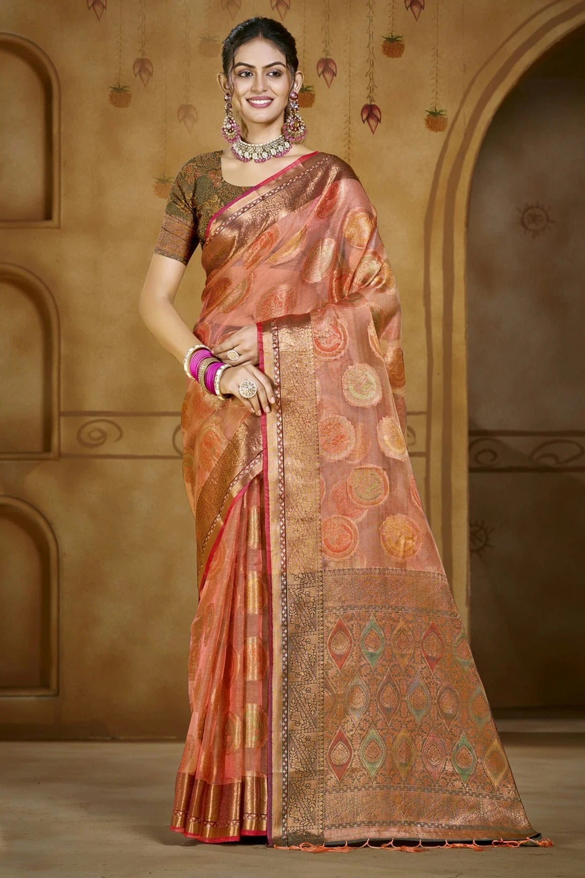 Peach Organza Woven Traditional Saree NCSD11010387