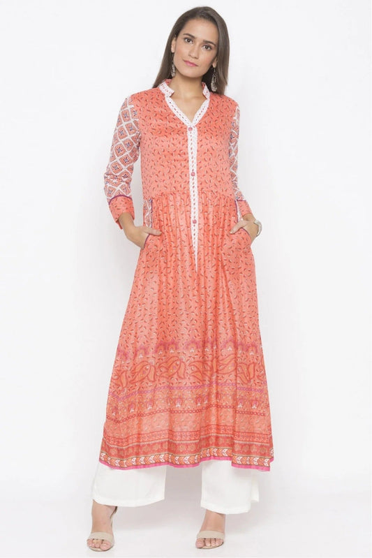 Peach Plus Size Cotton Embroidery Kurta Set NCKR10710284