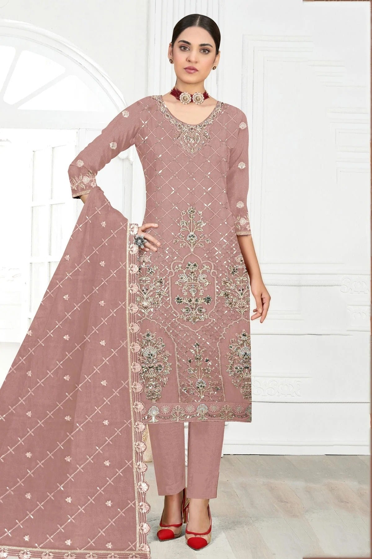 Peach Semi Stitched Faux Georgette Pakistani Suit NCSM11410467