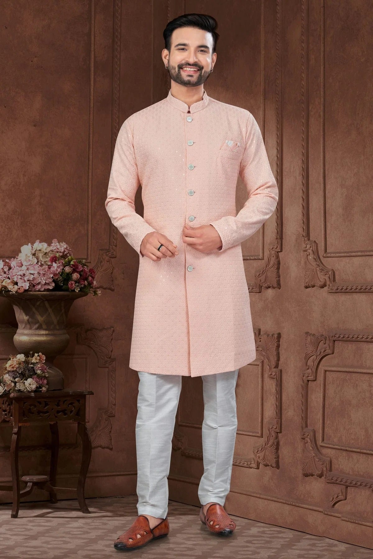 Peach Silk Dupion Sherwani NCSH10410191