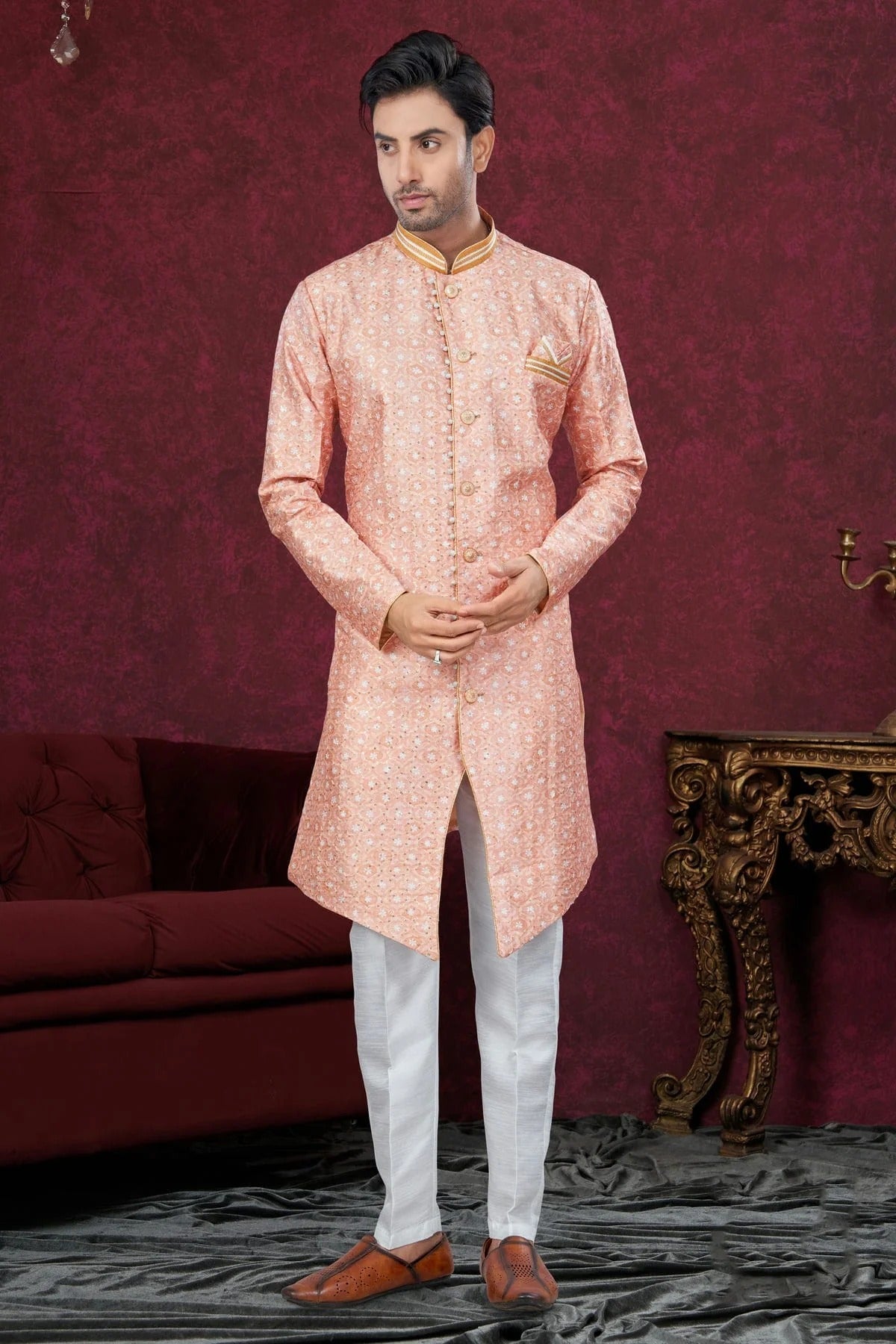 Peach Silk Dupion Sherwani NCSH10410209