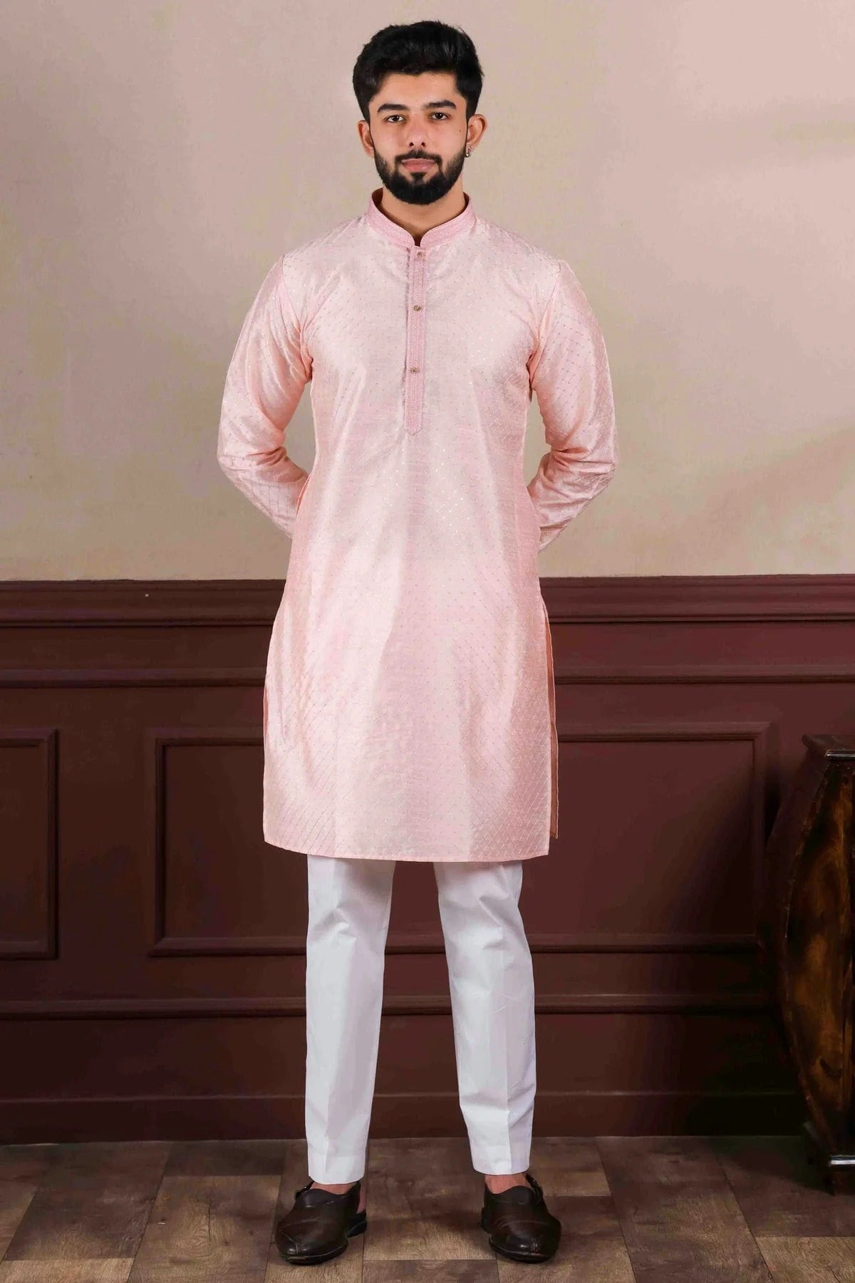 Pink Embroidery Art Silk Kurta Pajama NCKP11110572