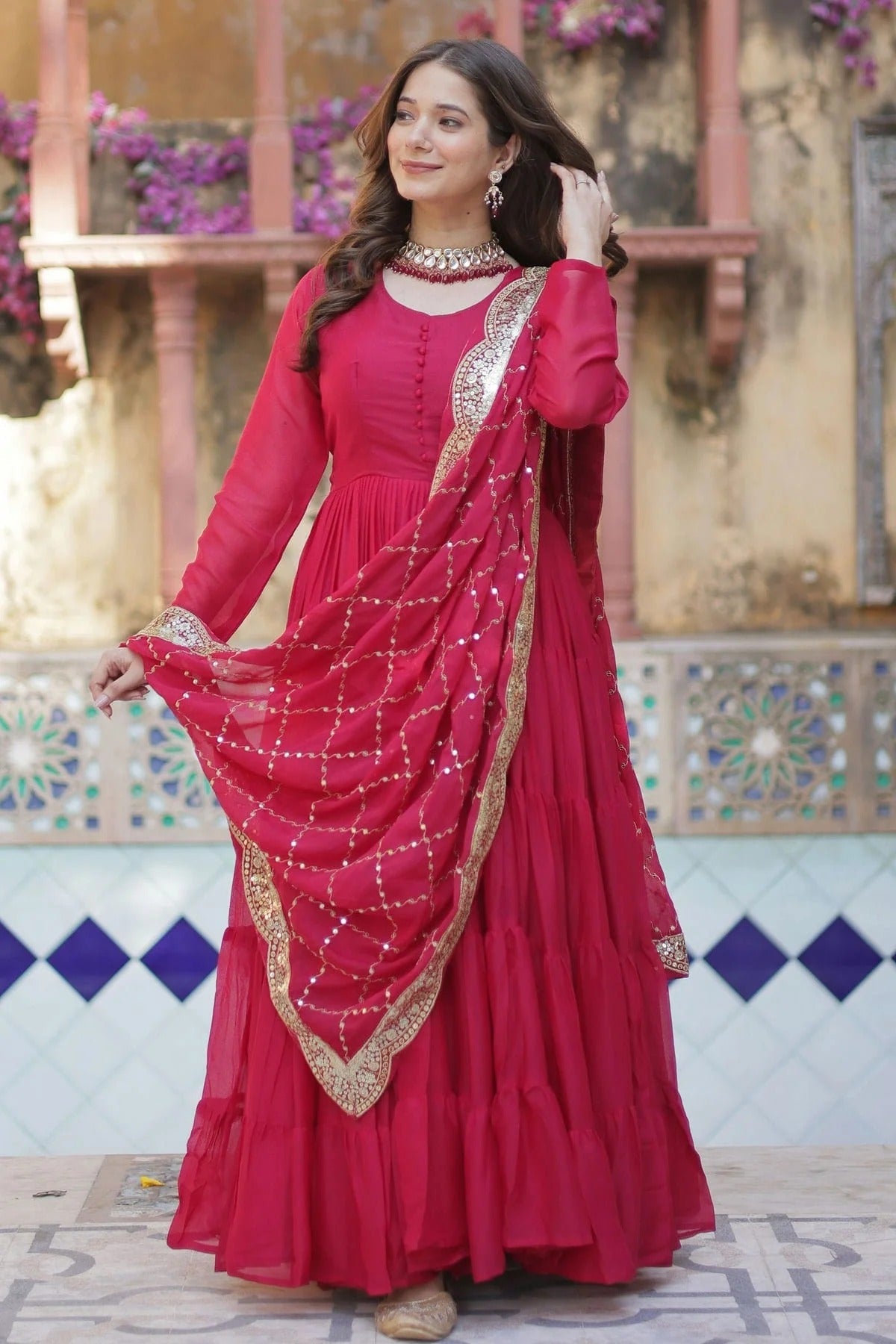 Pink Faux Georgette Stitched Gown NCGW11111349