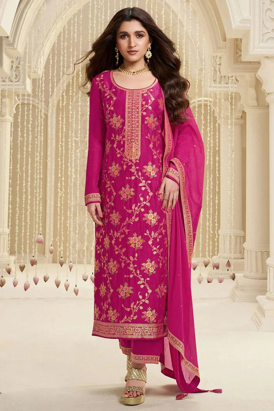 Pink Jacquard Viscose Straight Suit NCSM11410388