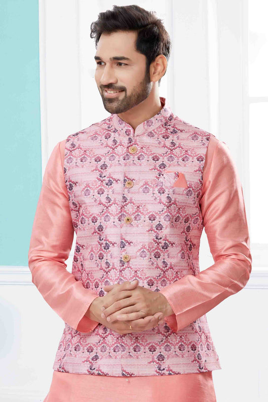 Pink Kurta PajamaWith Jacket In Silk Dupion  NCKP10410737