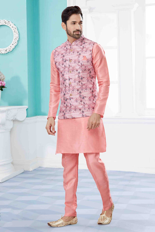 Pink Kurta PajamaWith Jacket In Silk Dupion NCKP10410737