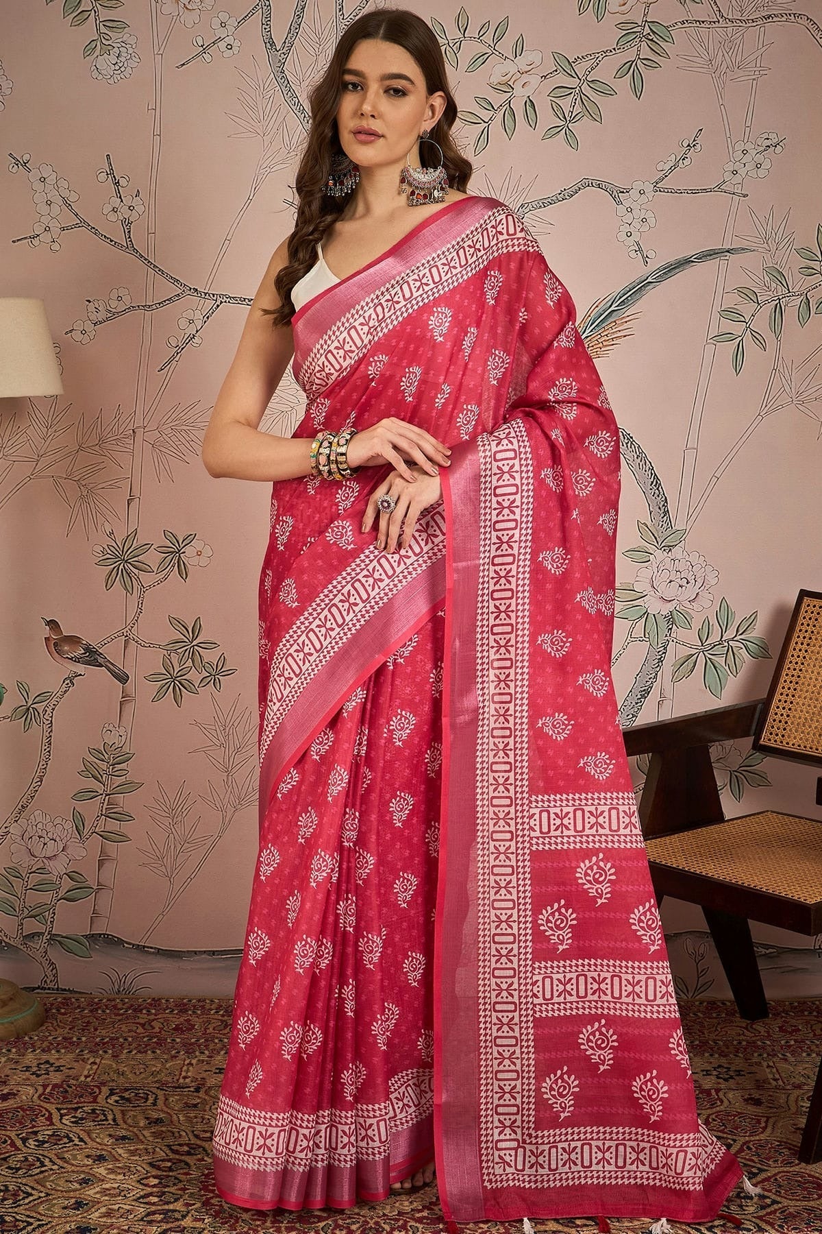 Pink Linen Blend Printed Saree NCSD11111832