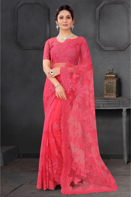 Pink Net Embroidery Saree NCSD10910579