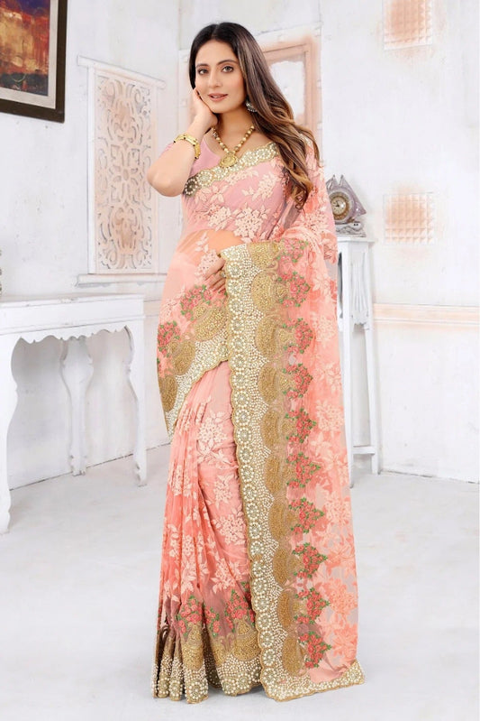 Pink Net Embroidery Saree NCSD10910591