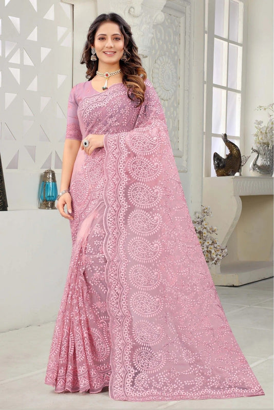Pink Net Embroidery Saree NCSD10910594