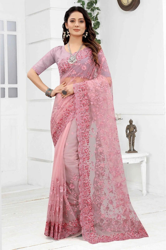 Pink Net Embroidery Saree NCSD10910615
