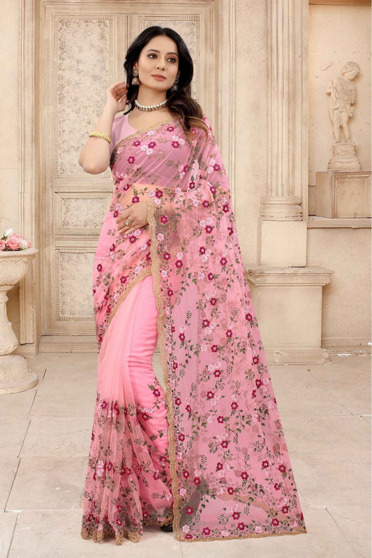 Pink Net Embroidery Saree NCSD10910627
