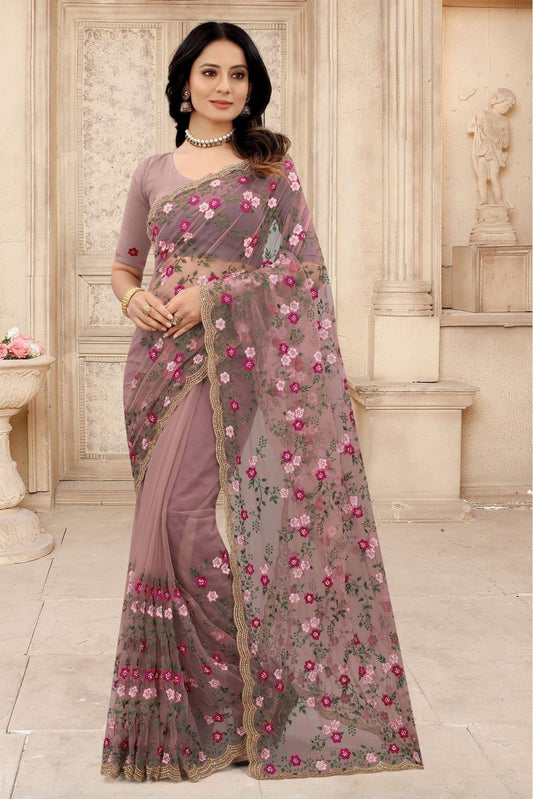 Pink Net Embroidery Saree NCSD10910628