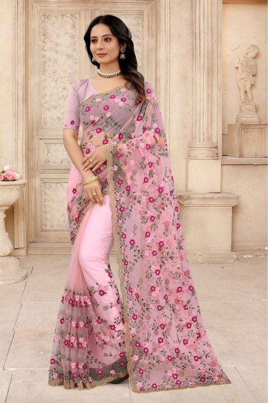 Pink Net Embroidery Saree NCSD10910630