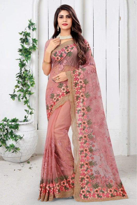 Pink Net Embroidery Saree NCSD10910698