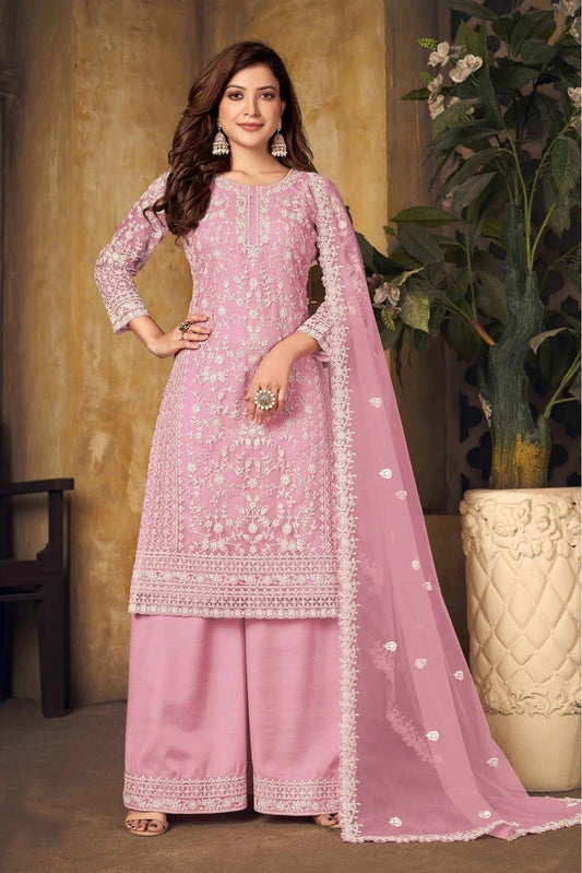 Pink Net Palazzo Pant Suit NCSM10510349