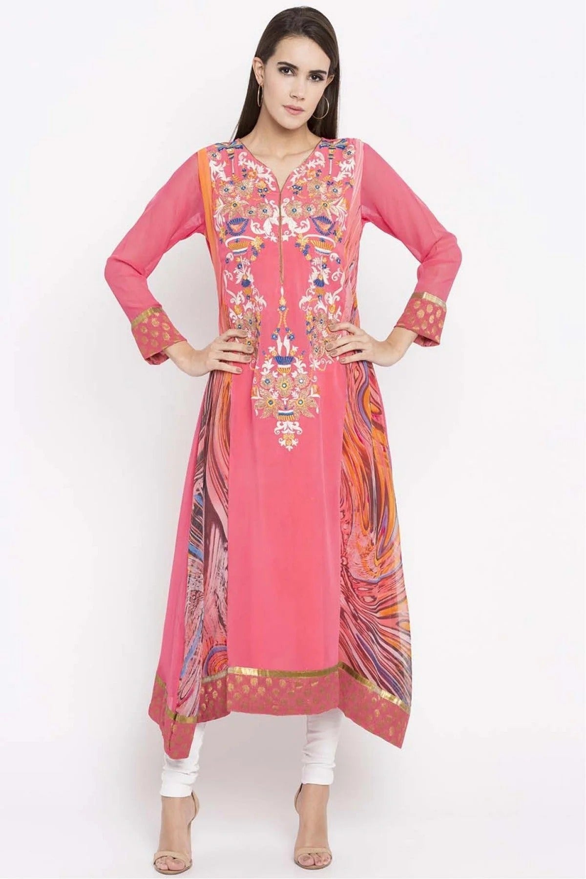 Pink Plus Size Faux Georgette Embroidery Kurti NCKR10710192