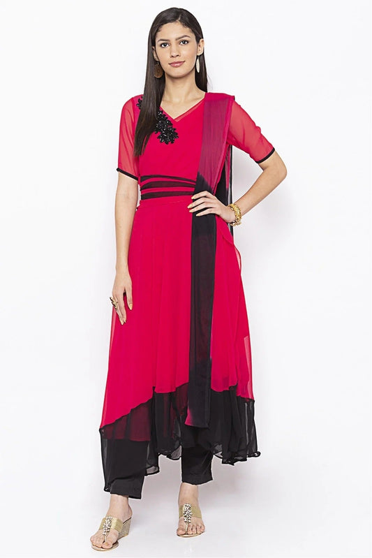 Pink Plus Size Georgette Embroidery Pant Style Suit NCSS10710618