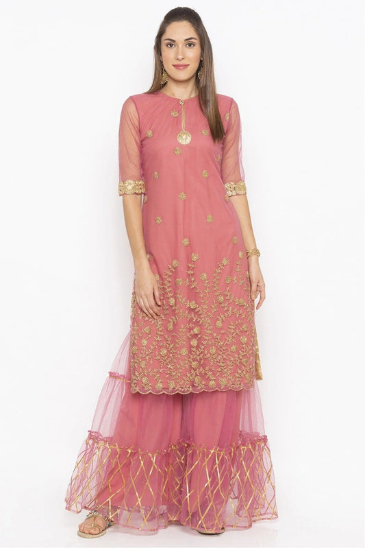 Pink Plus Size Net Embroidery Kurta Set NCKR10710319