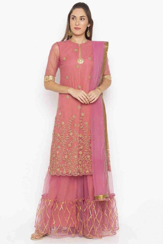 Pink Plus Size Stitched Net Embroidery Sharara Suit NCSS10710534