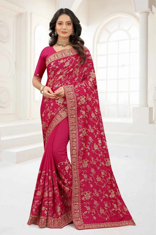Pink Satin Silk Embroidery Saree NCSD10910642