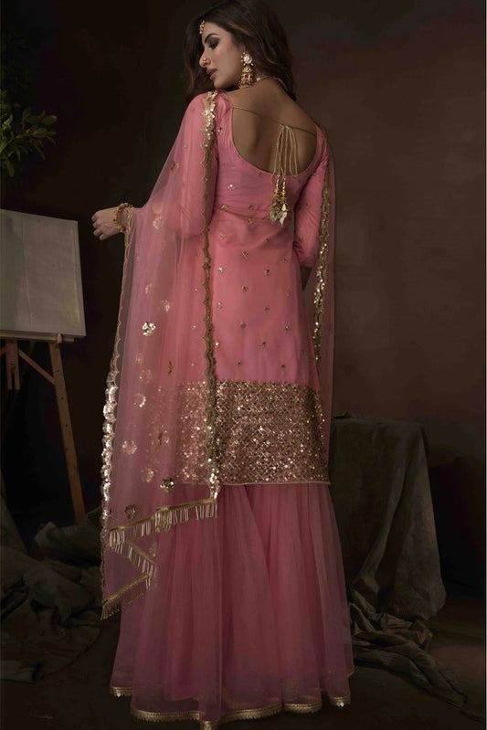 Pink Soft Net Sequins Sharara Suit NCSM10810358