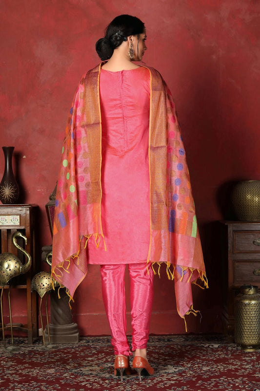 Pink Unstitched Banarasi Silk Churidar Suit NCUS11610144