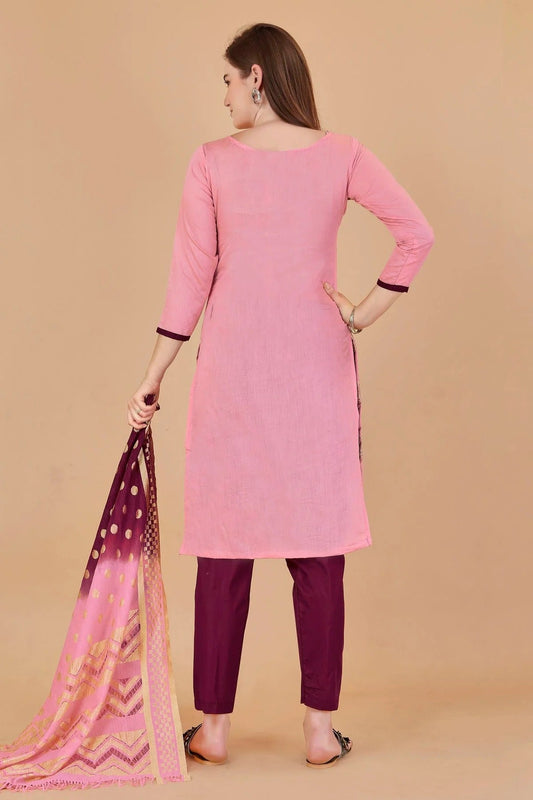 Pink Unstitched Cotton Jacquard Straight Suit NCUS11610377