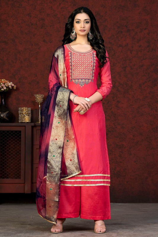 Pink Unstitched Modal Chanderi Palazzo Pant Suit NCUS11610357