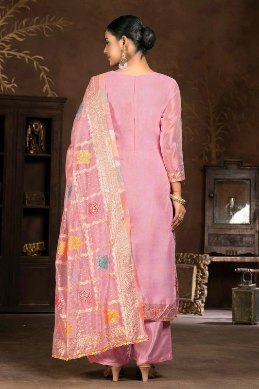 Pink Unstitched Organza Jacquard Plazzo Pant Suit NCUS11610400
