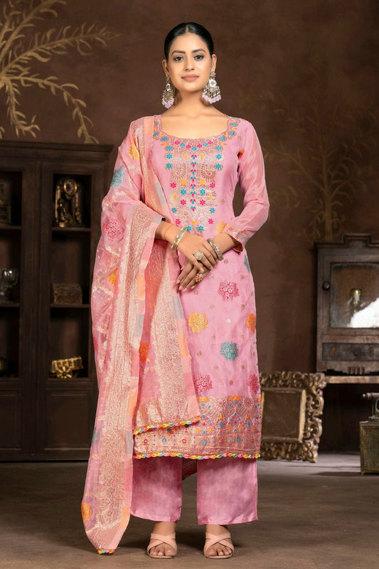 Pink Unstitched Organza Jacquard Plazzo Pant Suit NCUS11610400