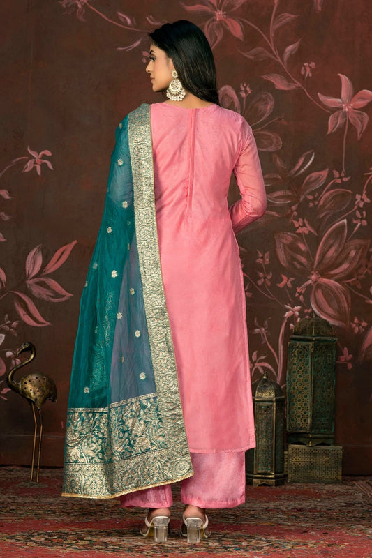 Pink Unstitched Organza Jacquard Straight Suit NCUS11610165