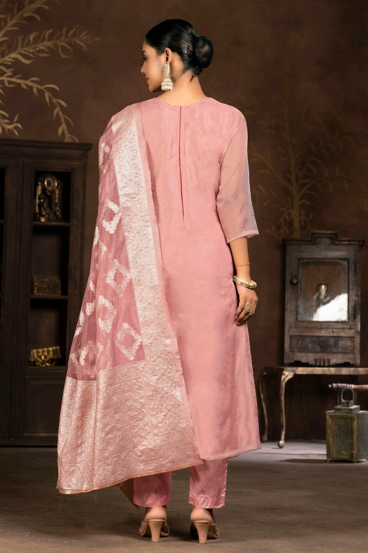 Pink Unstitched Organza Pant Style Suit NCUS11610117