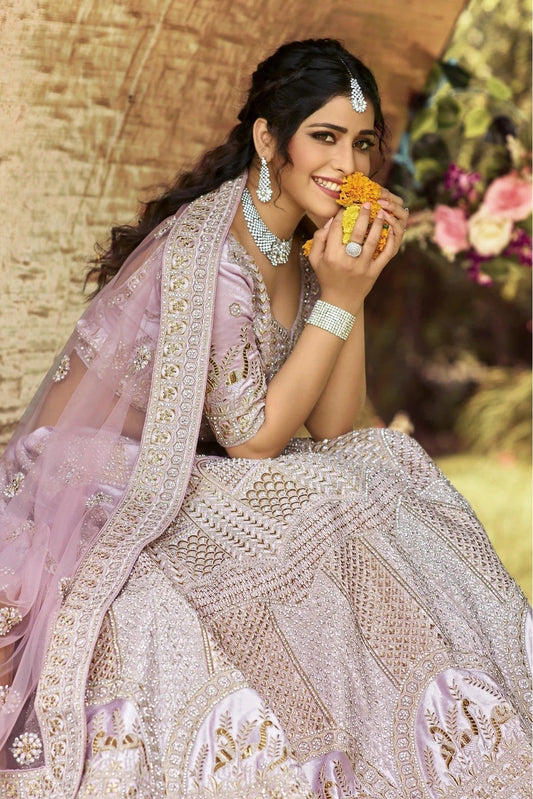 Pink Velvet Embroidery Bridal Lehenga Choli NCLC10810381