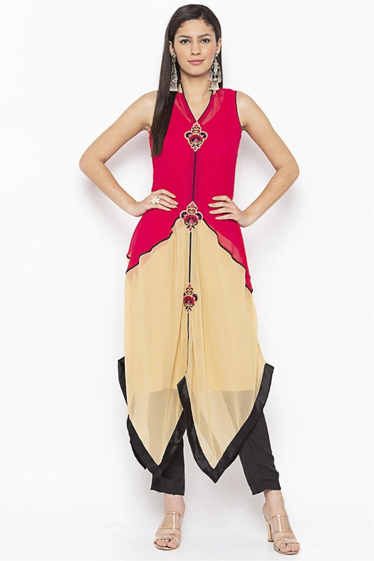 Pink and Beige Plus Size Georgette Embroidery Kurti NCKR10710395