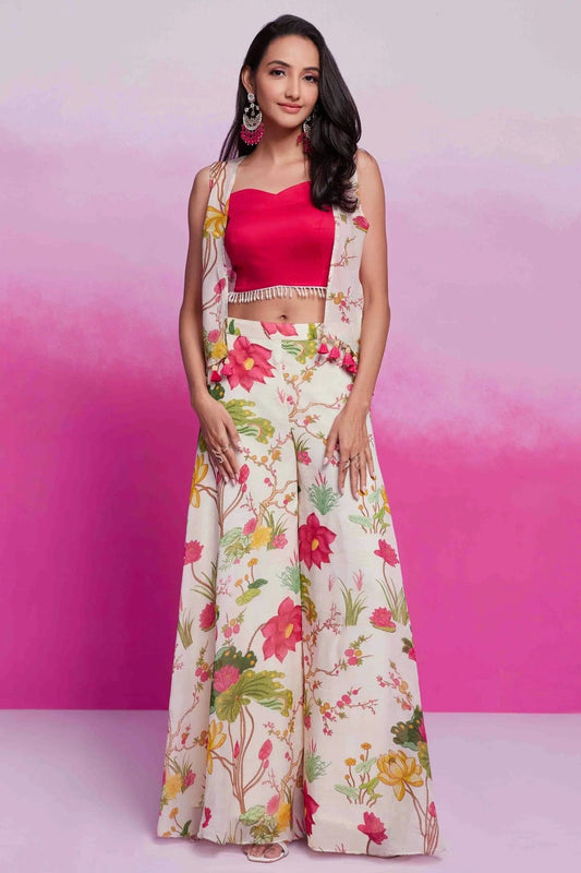 Pink and Off White Organza and Cotton Silk Co-Ord Set NCTP10810137
