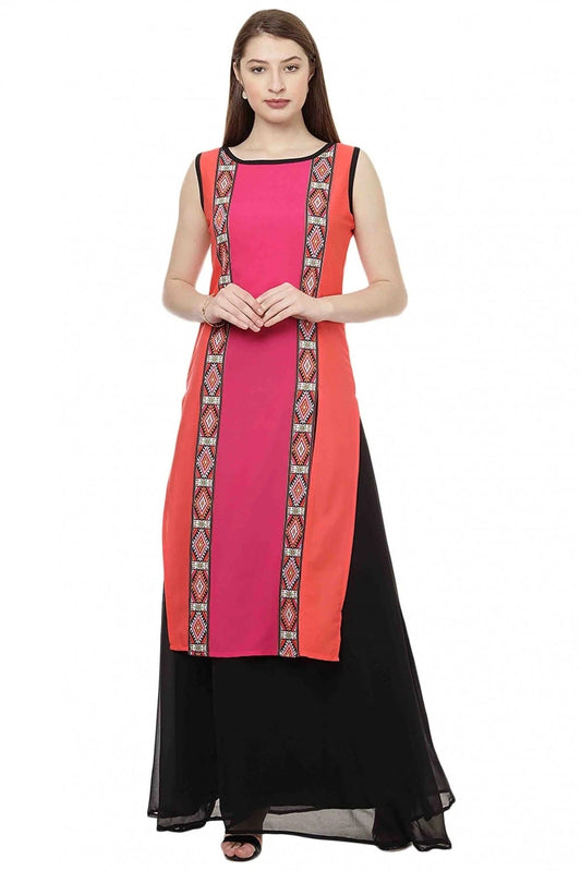 Pink and Orange Plus Size Crepe Straight Kurti NCKR10610176