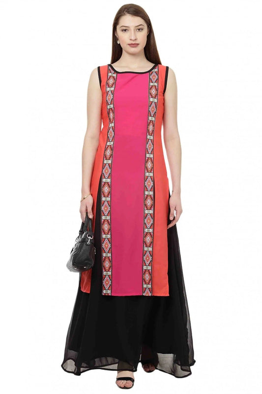 Pink and Orange Plus Size Crepe Straight Kurti NCKR10610176