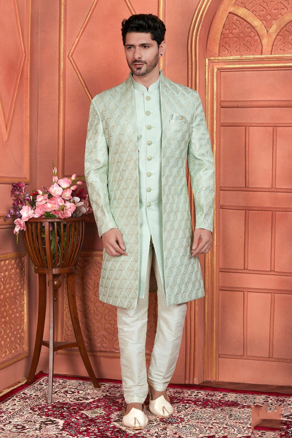 Pista Green Art Silk Indowestern Sherwan With Aligadhi Pant NCSH12310365