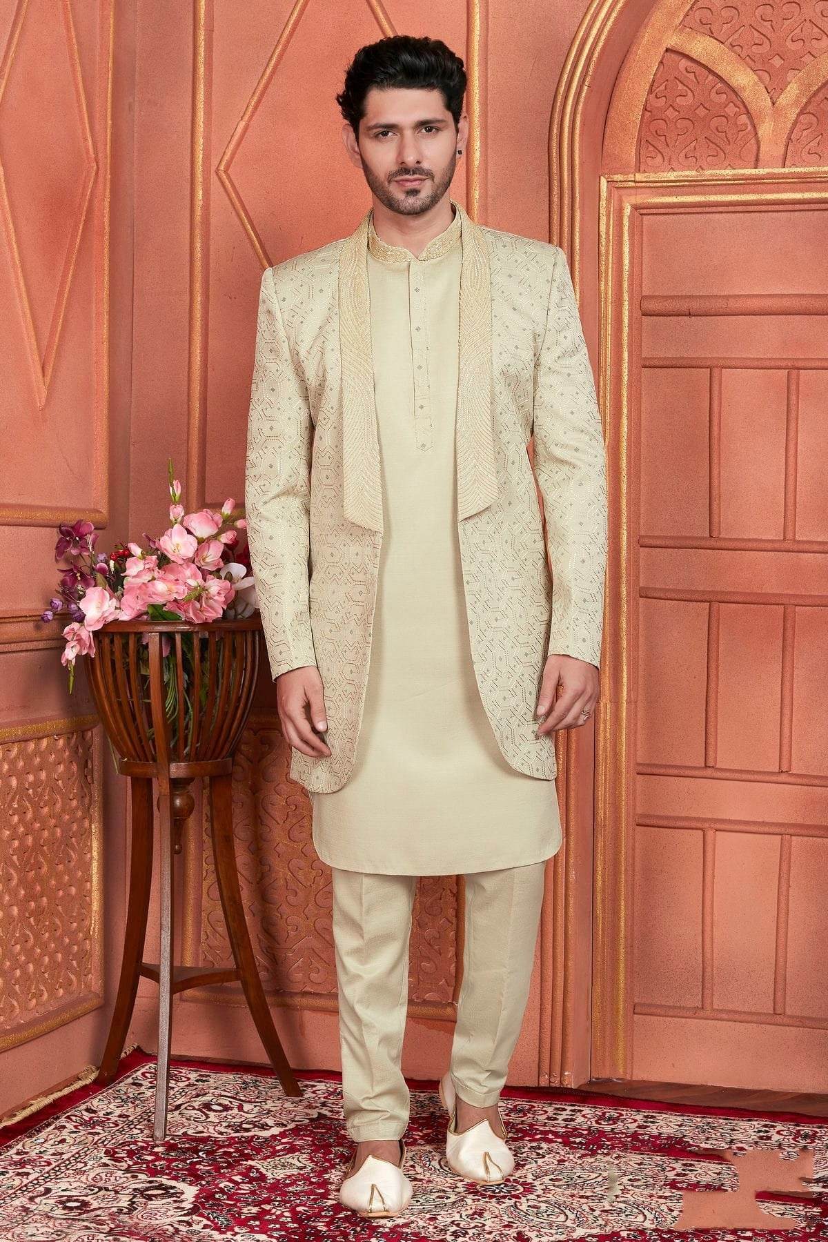 Pista Green Art Silk Indowestern Sherwan With Aligadhi Pant NCSH12310371