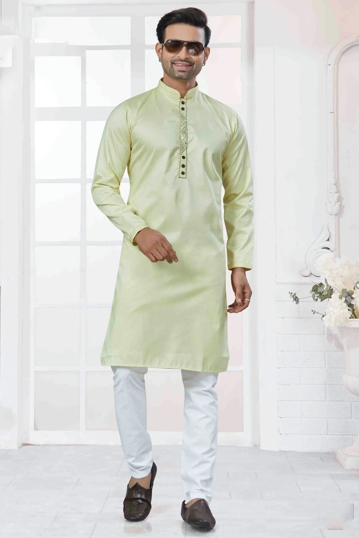 Pista Green Embroidery Cotton Kurta Pajama NCKP11110546