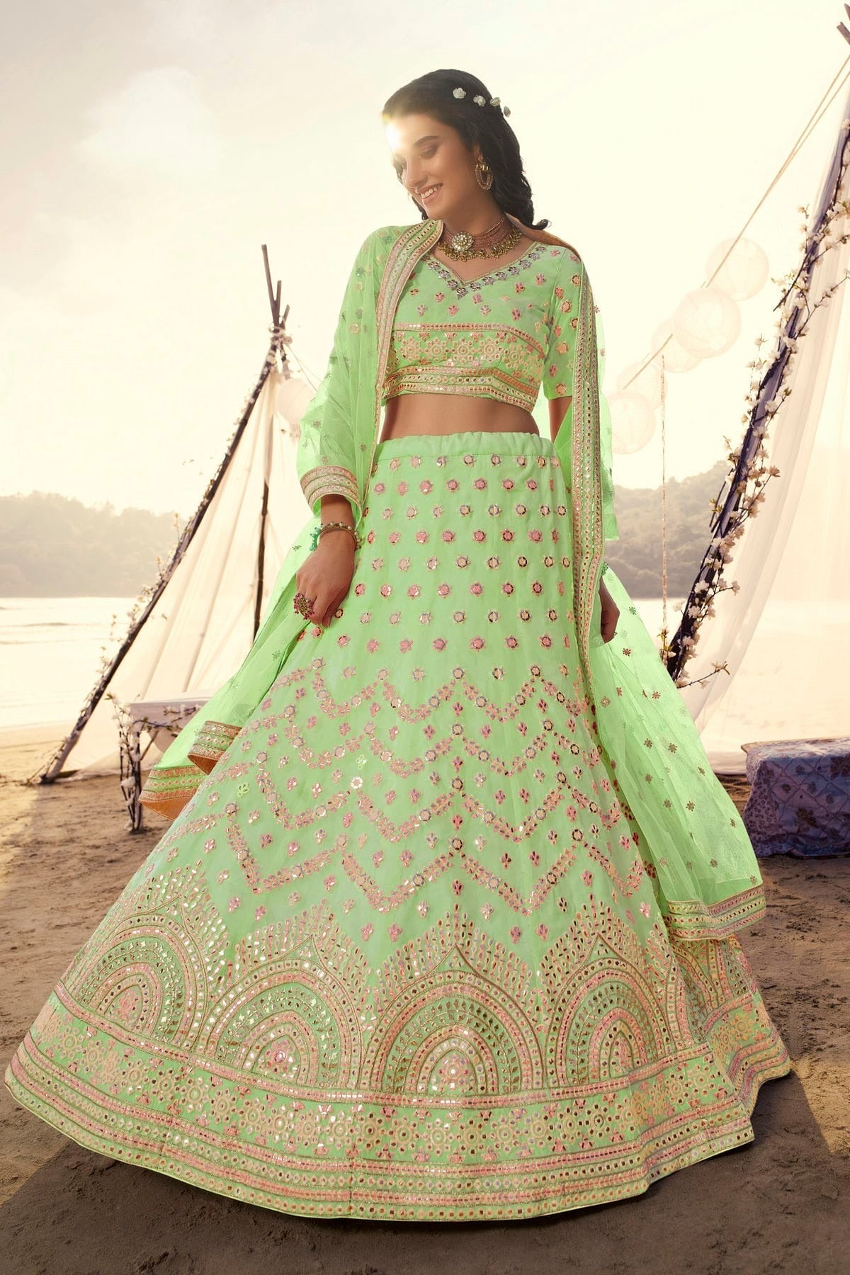 Pista Green Embroidery Organza Lehenga Choli NCLD10810339